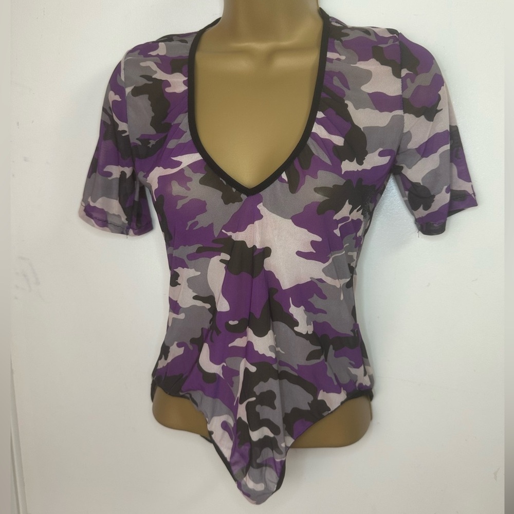 Poster Girl X Dolls Kill Purple Camo Print Gothic Grunge Sheer Mesh Bodysuit S